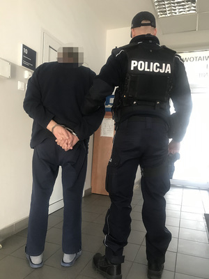 policjant prowadzi zatrzymanego mężczyznę w kajdankach - zdjęcie zrobione z tyłu