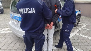 Dwóch policjantów stoi przed radiowozem i trzymają zatrzymanego.
