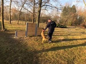 Mika - policyjny pies do wykrywania narkotyków wraz ze swoim przewodnikiem