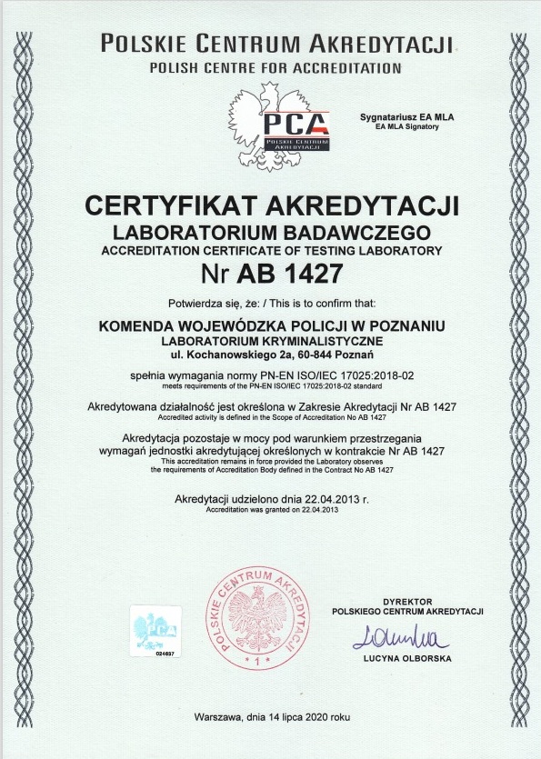 Certyfikat akredytacji laboratorium badawczego Nr AB 1427