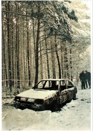 Wrak spalonego samochodu stoi w lesie.
