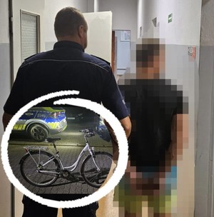 policjant z zatrzymanym; odzyskany rower