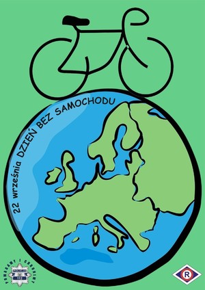 plakat Dzień bez Samochodu. zielone tło, kula ziemska, na górze rower