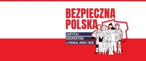 flaga polska z przodu grafika z ludźmi i napis Bezpieczna Polska