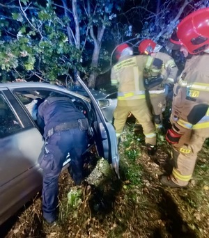 rozbite białe auto; policjant i strażacy wyciągający mężczyznę z samochodu
