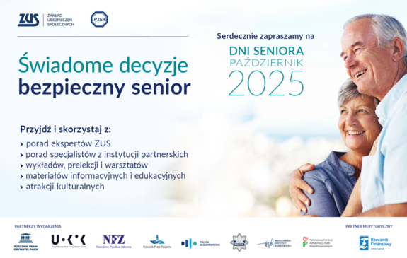 starsza para przytula się; napis zapraszamy na Dni Seniora październik 2025