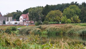 widok na rzekę, w tle drzewa i budyneki