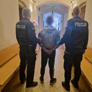 policjanci z zatrzymanym; odzyskany rower