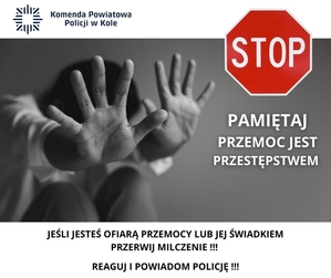 znak: Stop przemocy; postać zasłaniająca się rękami