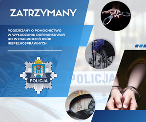 grafika, herb Poznania, ręce zakute w kajdanki, napis : Podejrzany o pomocnictwo w wyłudzaniu dofinansowań do wynagrodzeń osób niepełnosprawnych