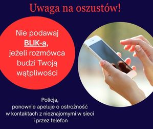telefon w dłoni, napis: Uwaga na oszustów!