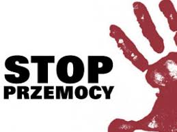 grafika, czerwony odcisk dłoni, napis: Stop Przemocy