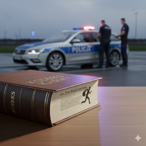 grafika - z przodu kodeks karny, w tle policjanci przy radiowozie