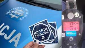 prędkościomierz; naklejki z napisem : Mistrzu Zwolnij
