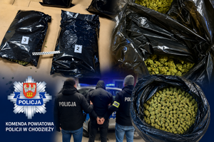 policjanci z zatrzymanym oraz zabezpieczone narkotyki