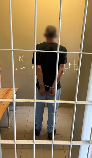 mężczyzna z rękoma skutymi kajdankami stoi w celi za kratkami; spalona część pola