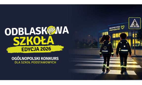 plakat, dzieci przechodzą przez ulicę, mają na sobie odblaskowe elementy